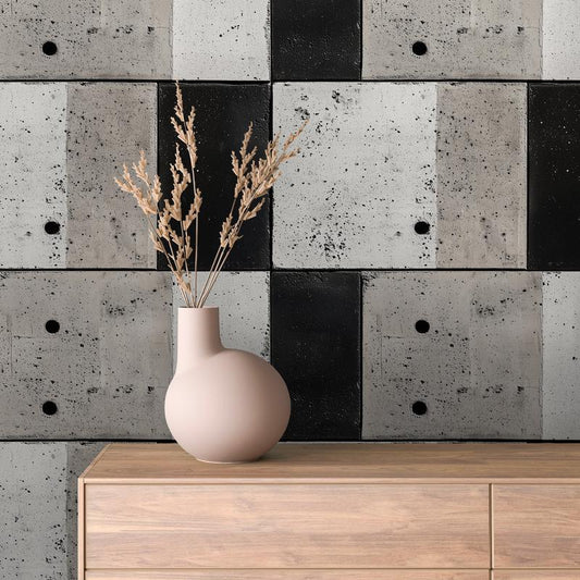Betonoptik mit Rasterstruktur  Blockdesign in Schwarz-Grau-Weiß  Selbstklebende Tapete ▪️ Industrial Look ▪️ PVC-frei ▪️ FoliaConcept