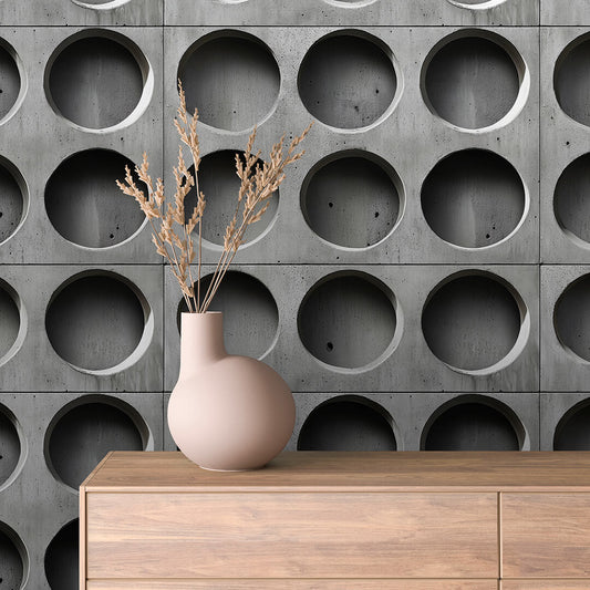 Betonoptik mit runden Vertiefungen  Symmetrisches Rasterdesign  Selbstklebende Tapete ▪️ Brutalist Look ▪️ PVC-frei ▪️ FoliaConcept