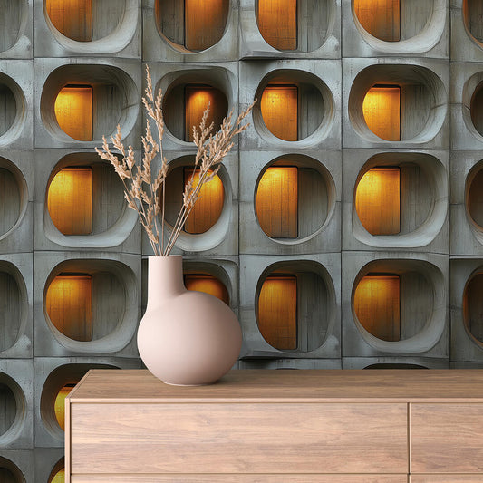 Mustertapete in Betonoptik mit Lichtnischen  Amber-Effekt in Betonrelief  Selbstklebende Tapete ▪️ Modern & auffällig ▪️ PVC-frei ▪️ FoliaConcept