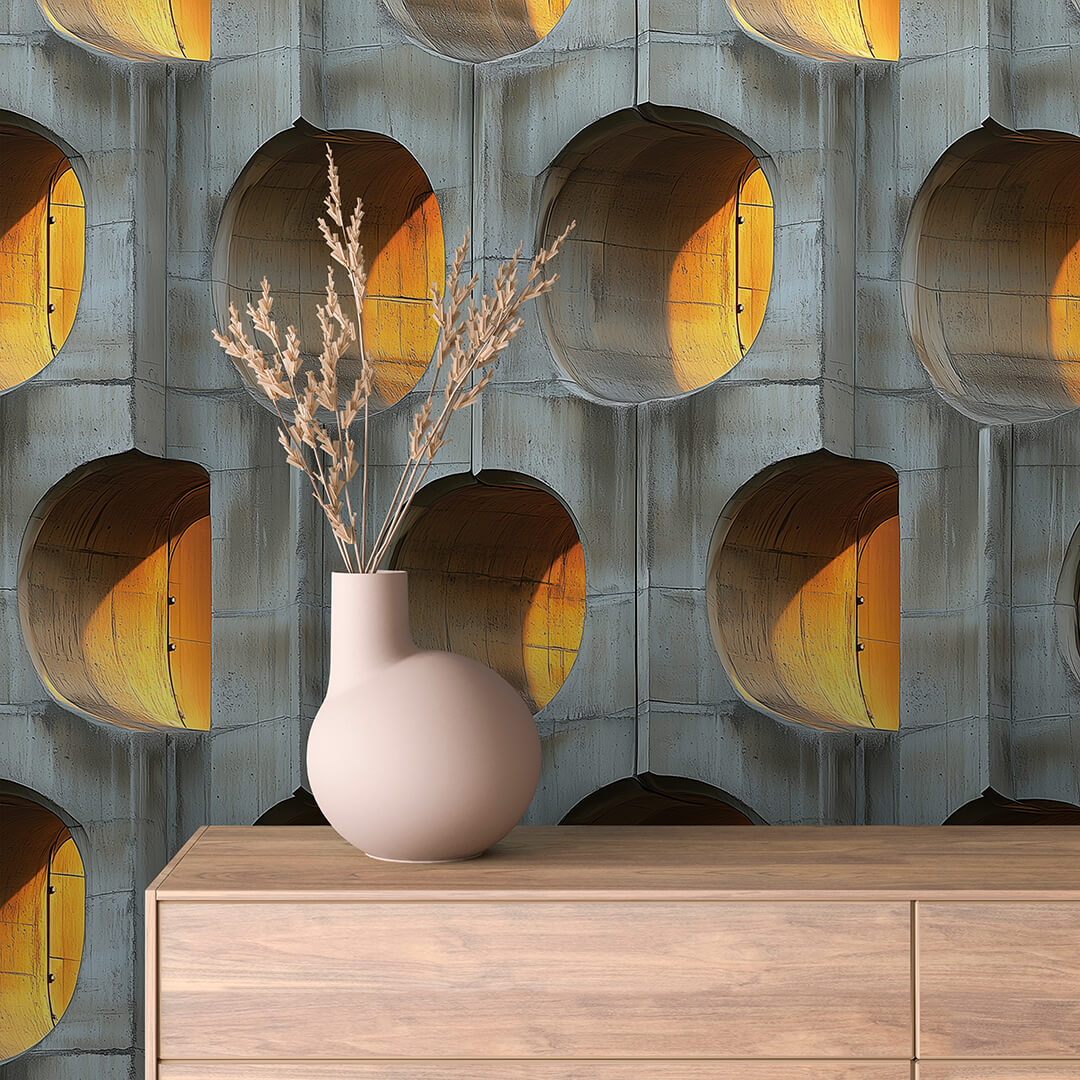 Betonoptik mit Sonnenlicht-Effekt  Gewölbte 3D-Formen in Gelb-Orange  Selbstklebende Tapete ▪️ Architektonisches Design ▪️ PVC-frei ▪️ FoliaConcept