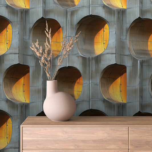 Betonoptik mit Sonnenlicht-Effekt  Gewölbte 3D-Formen in Gelb-Orange  Selbstklebende Tapete ▪️ Architektonisches Design ▪️ PVC-frei ▪️ FoliaConcept