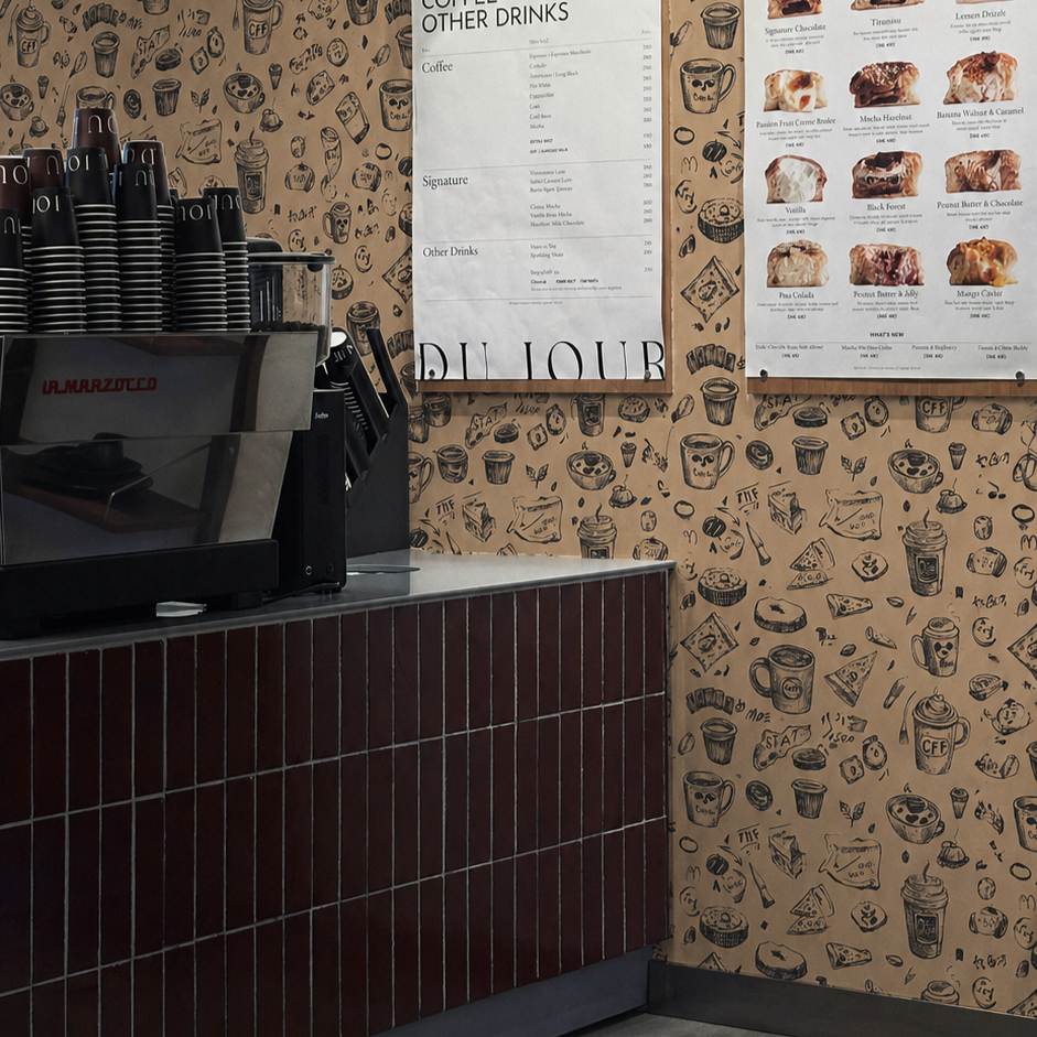 Café Ecke mit beige Tapete