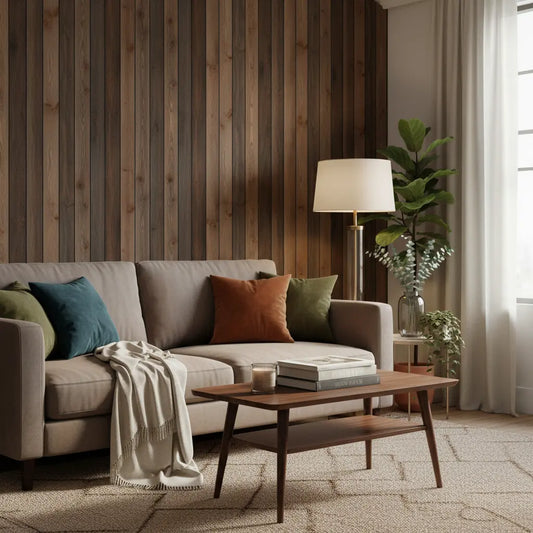 Wohnzimmer mit dunkler Lamellenwand