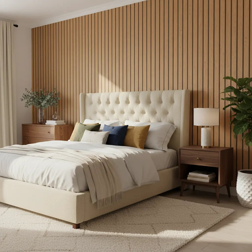 Helles Schlafzimmer mit Tapete in Eiche-Lamellenoptik als warme Akzentwand hinter dem Bett
