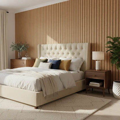 Helles Schlafzimmer mit Tapete in Eiche-Lamellenoptik als warme Akzentwand hinter dem Bett