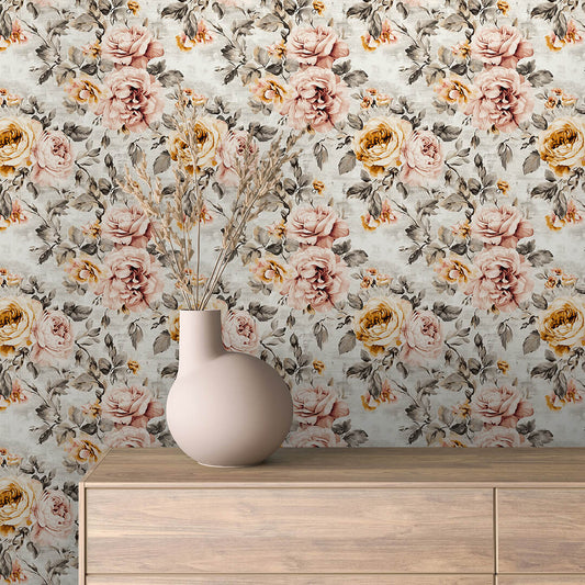  PVC-freie Tapete  schneller Versand▪️Einfach abziehen, aufkleben, fertig! Made in Germany | Klassische Eleganz – große Rosen in sanftem Rosé und warmem Gelb
