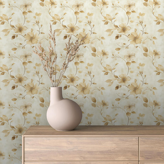 PVC-freie Tapete  schneller Versand▪️Einfach abziehen, aufkleben, fertig! Made in Germany - Blüten und Blättern in goldenen Beigetönen – ideal für klassische Wohnräume, helle Flure oder harmonisch gestaltete Schlafbereiche