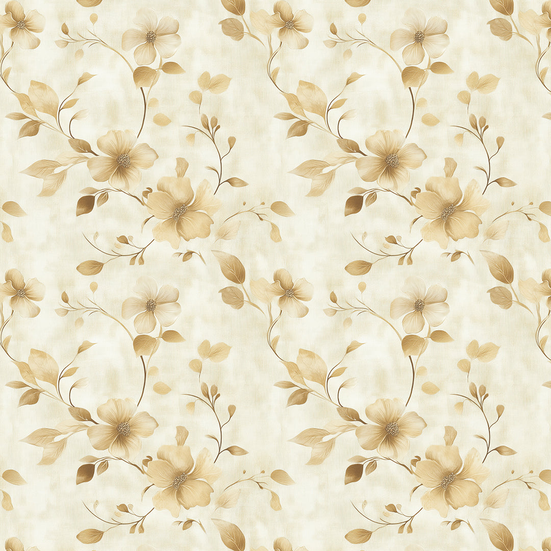 PVC-freie Tapete  schneller Versand▪️Einfach abziehen, aufkleben, fertig! Made in Germany - Blüten und Blättern in goldenen Beigetönen – ideal für klassische Wohnräume, helle Flure oder harmonisch gestaltete Schlafbereiche