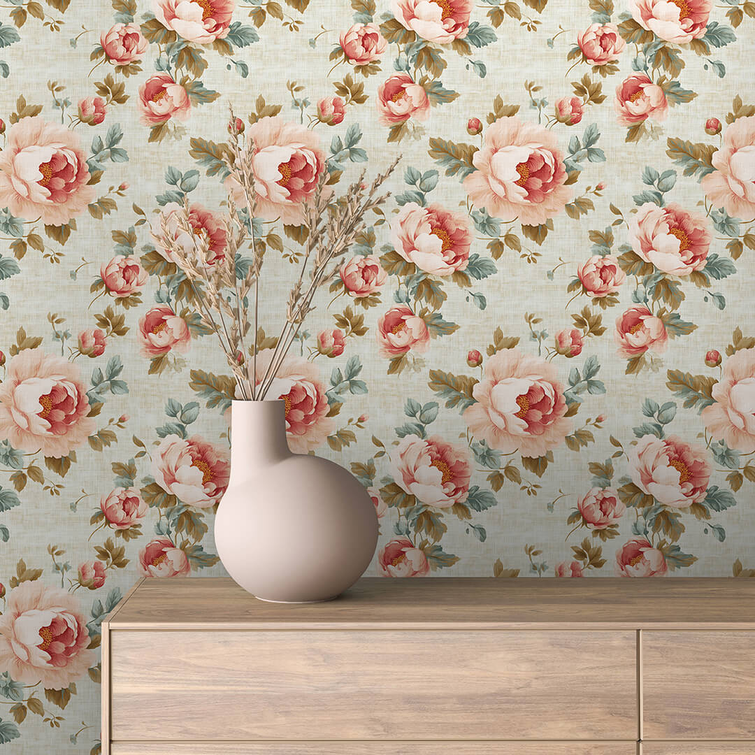 Romantische Blumentapete im Cottage-Stil mit zarten Rosé- und Cremetönen. PVC-freie Tapete  schneller Versand▪️Einfach abziehen, aufkleben, fertig! Made in Germany PCC FoliaConcept
