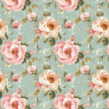 Elegante Blumentapete mit zartem Türkis und floralen Rosétönen.Selbstklebend, ohne Kleister – perfekt für gemütliche Wohn- & Schlafzimmer! Made in Germany