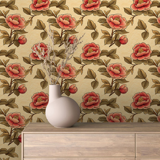 Florale Tapete im Retro-Stil mit asiatisch inspirierten Blüten in Koralle auf Creme. Selbstklebend & unkompliziert. Jetzt vom kostenlosen Versand profitieren!