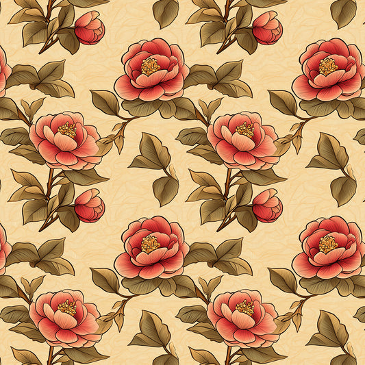 Florale Tapete im Retro-Stil mit asiatisch inspirierten Blüten in Koralle auf Creme. Selbstklebend & unkompliziert. Jetzt vom kostenlosen Versand profitieren!