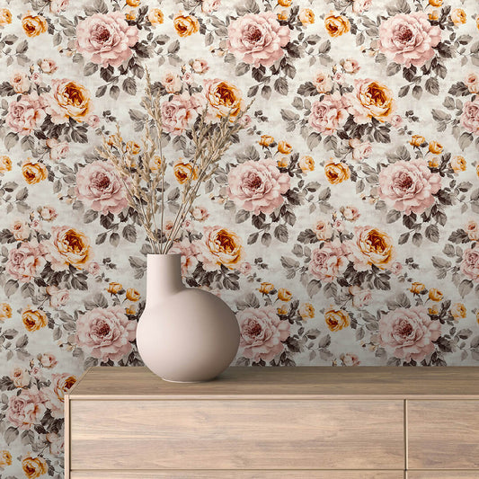 Romantische Kamelien in Altrosa & Senfgelb mit Vintage-Flair PVC-freie Tapete  schneller Versand▪️Einfach abziehen, aufkleben, fertig! Made in Germany PCC FoliaConcept