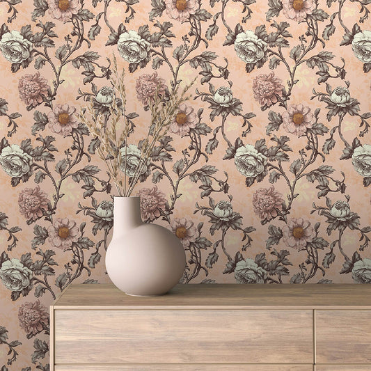 Romantische Vintage-Tapete in Apricot mit floralen Motiven in Rosé & Creme – ideal für stilvolle Flure und Küchen. PVC-frei schneller Versand▪️Einfach abziehen, aufkleben, fertig! Made in Germany PCC FoliaConcept