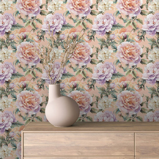 Romantische Blumentapete in Apricot mit Blüten in Lila & Rosé ideal für vintage Wohn- & Schlafzimmer | Selbstklebend, ohne Kleister | Jetzt Versand-Gutschein einlösen!