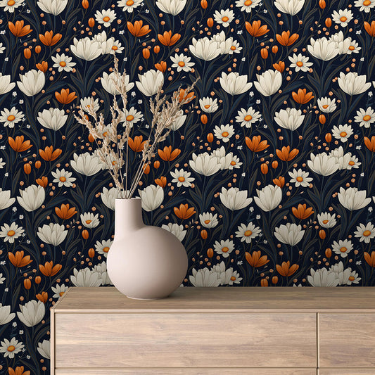 Florale Retro-Tapete in Weiß und Orange auf dunklem Hintergrund PVC-freie Tapete  schneller Versand▪️Einfach abziehen, aufkleben, fertig! Made in Germany PCC FoliaConcept