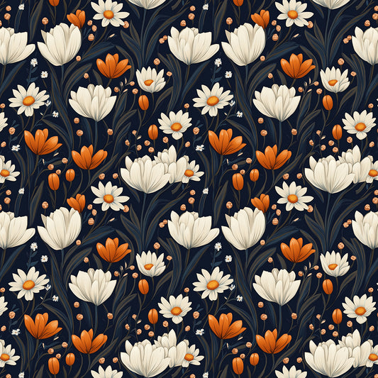 Florale Retro-Tapete in Weiß und Orange auf dunklem Hintergrund PVC-freie Tapete  schneller Versand▪️Einfach abziehen, aufkleben, fertig! Made in Germany PCC FoliaConcept