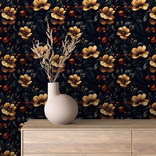 Dunkle Fototapete mit goldenen Blüten für ein luxuriöses Raumgefühl PVC-freie Tapete  schneller Versand▪️Einfach abziehen, aufkleben, fertig! Made in Germany PCC FoliaConcept