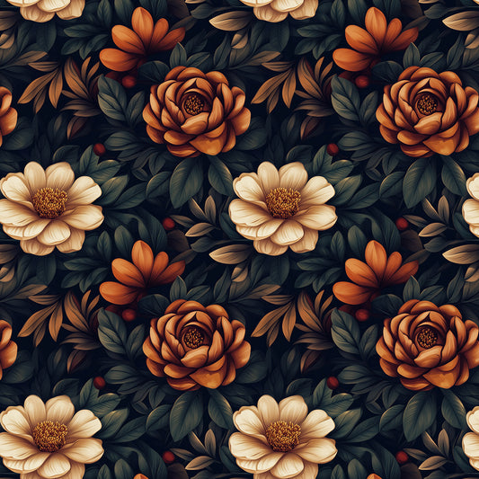 Elegante Blumentapete in warmen Gold- und Kupfertönen auf dunklem Hintergrund. Selbstklebend & ohne Kleister – ideal für stilvolle Räume. Jetzt schnell lieferbar!