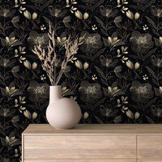 Stilvolle Blumentapete in Gold auf schwarzem Grund - ideal für moderne und klassische Küchen PVC-freie Tapete  schneller Versand▪️Einfach abziehen, aufkleben, fertig! Made in Germany PCC FoliaConcept 
