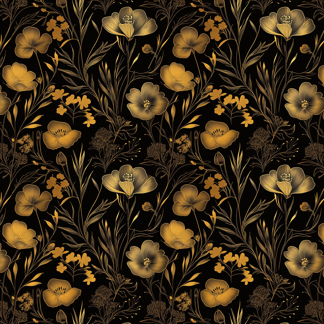 Elegante Blumentapete in Goldbeige auf schwarzem Grund– ideal für moderne und klassische RaumkonzeptePVC-freie Tapete  schneller Versand▪️Einfach abziehen, aufkleben, fertig! Made in Germany PCC FoliaConcept 
