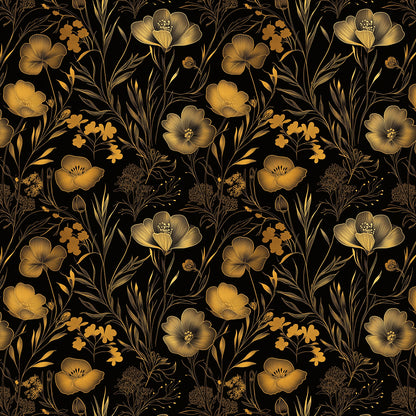 Elegante Blumentapete in Goldbeige auf schwarzem Grund– ideal für moderne und klassische RaumkonzeptePVC-freie Tapete  schneller Versand▪️Einfach abziehen, aufkleben, fertig! Made in Germany PCC FoliaConcept 