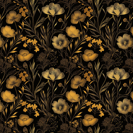 Elegante Blumentapete in Goldbeige auf schwarzem Grund– ideal für moderne und klassische RaumkonzeptePVC-freie Tapete  schneller Versand▪️Einfach abziehen, aufkleben, fertig! Made in Germany PCC FoliaConcept 