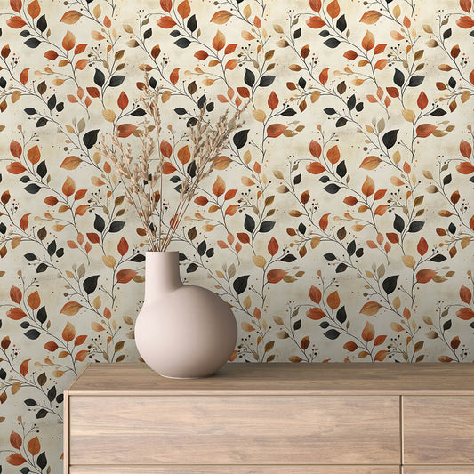 Herbstliche Tapete mit buntem Blättermuster in Naturtönen.  PVC-freie Tapete  schneller Versand▪️Einfach abziehen, aufkleben, fertig! Made in Germany PCC FoliaConcept