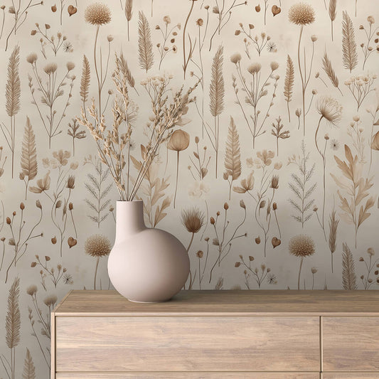 Natürliche Tapete mit Trockenblumen in Beige- & Brauntönen PVC-freie Tapete  schneller Versand▪️Einfach abziehen, aufkleben, fertig! Made in Germany PCC FoliaConcept