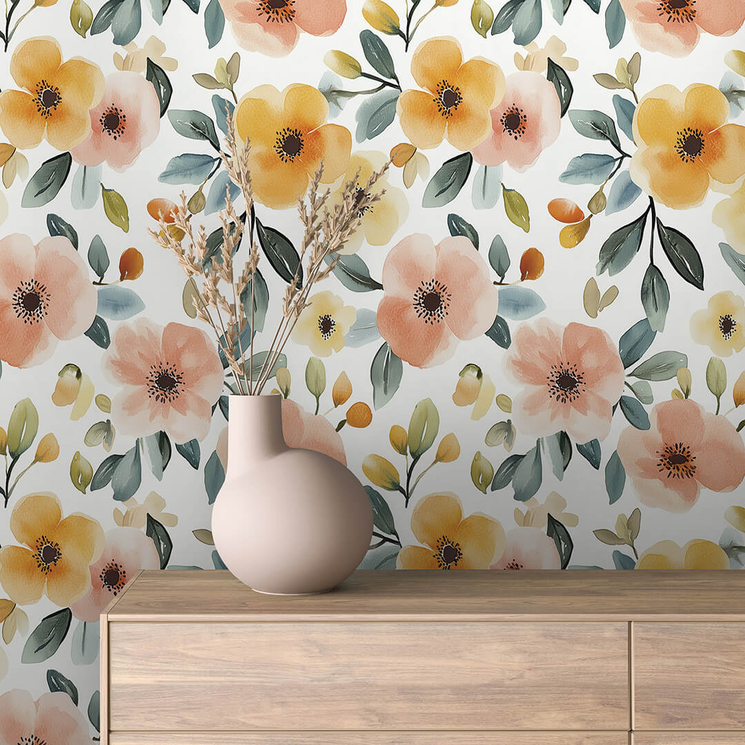 Blumentapete in Gelb & Pfirsich PVC-freie Tapete  schneller Versand▪️Einfach abziehen, aufkleben, fertig! Made in Germany PCC FoliaConcept