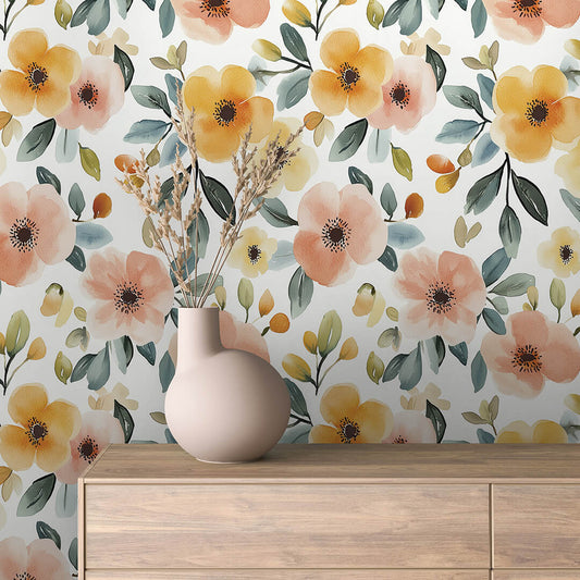 Blumentapete in Gelb & Pfirsich PVC-freie Tapete  schneller Versand▪️Einfach abziehen, aufkleben, fertig! Made in Germany PCC FoliaConcept