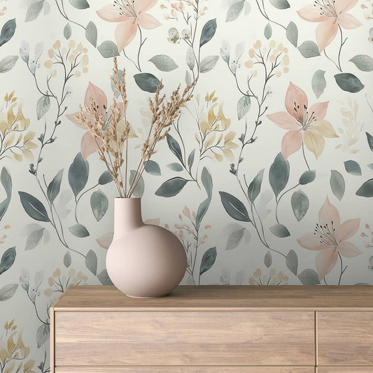 Pastellfarbene Aquarelltapete in Rosé, Flieder & Mintgrün. Elegant PVC-freie Tapete  schneller Versand▪️Einfach abziehen, aufkleben, fertig! Made in Germany PCC FoliaConcept