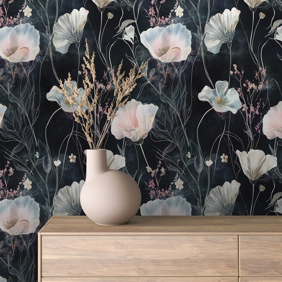 Romantische Blumentapete in Pastell auf dunklem Hintergrund PVC-freie Tapete  Lieferzeit 3-5 Werktage▪️Einfach abziehen, aufkleben, fertig! Made in Germany PCC FoliaConcept 