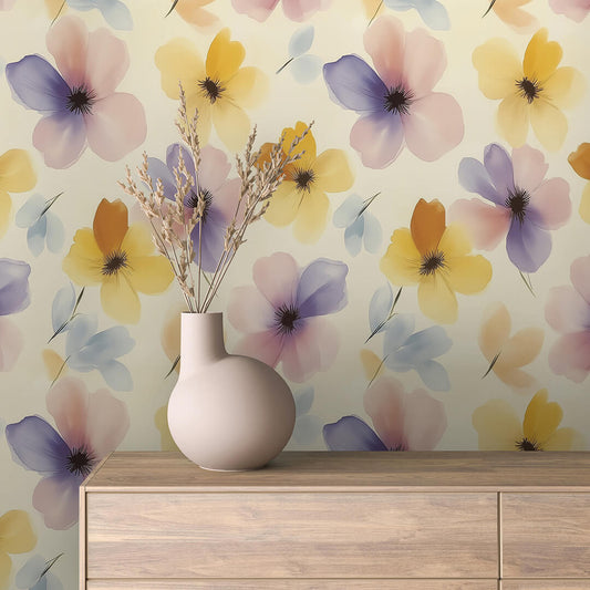 Bunte Aquarellblumen in Gelb, Rosa & Lavendel auf hellem Grund – FLORAL 0066 zaubert Sommerstimmung in dein Zuhause. Selbstklebend & leicht anzubringen.
