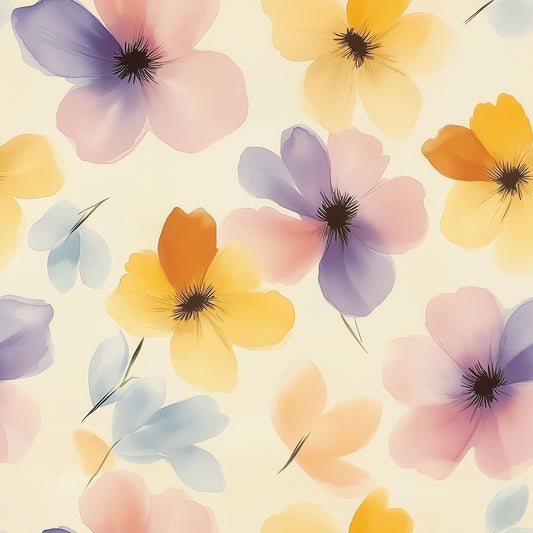 Bunte Aquarellblumen in Gelb, Rosa & Lavendel auf hellem Grund – FLORAL 0066 zaubert Sommerstimmung in dein Zuhause. Selbstklebend & leicht anzubringen.