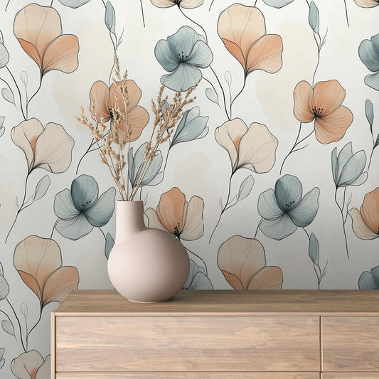 Zarte Blumentapete in Blaugrün & Apricot auf hellem Grund. Elegant & selbstklebend – für ein ruhiges, modernes Raumgefühl. Jetzt stilvoll umgestalten!