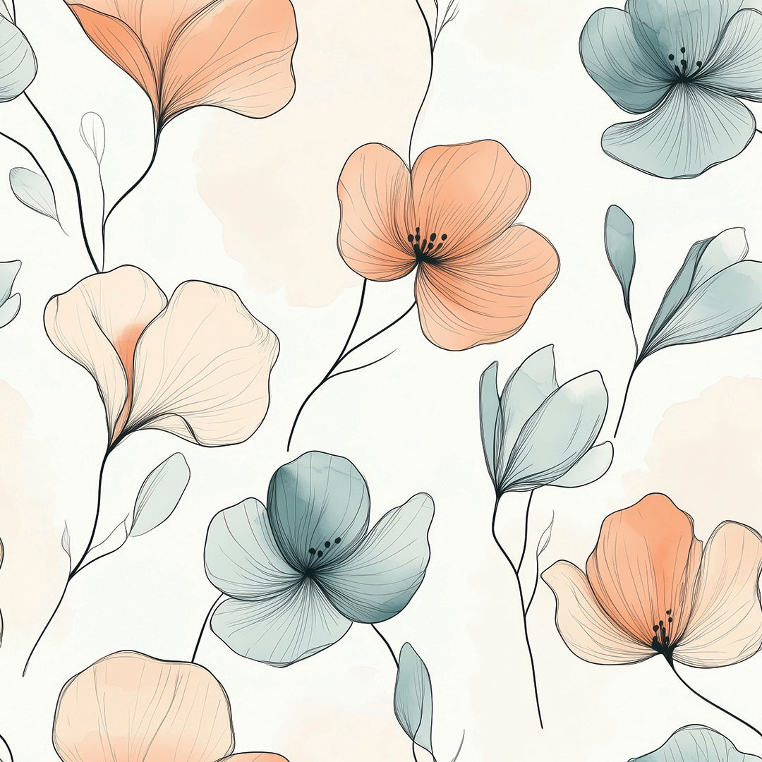 Zarte Blumentapete in Blaugrün & Apricot auf hellem Grund. Elegant & selbstklebend – für ein ruhiges, modernes Raumgefühl. Jetzt stilvoll umgestalten!