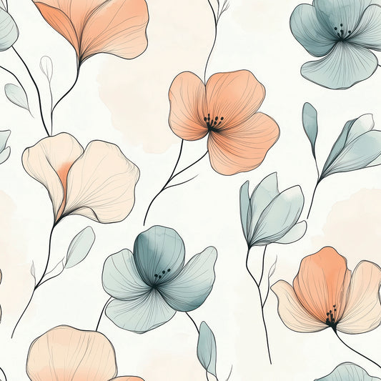 Zarte Blumentapete in Blaugrün & Apricot auf hellem Grund. Elegant & selbstklebend – für ein ruhiges, modernes Raumgefühl. Jetzt stilvoll umgestalten!
