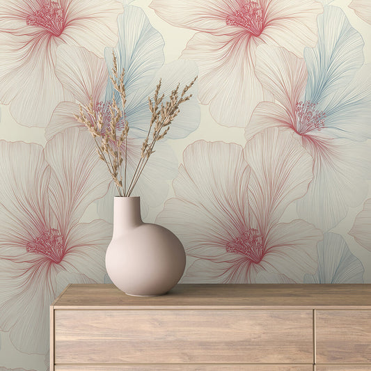 Florale Statement-Tapete mit Hibiskus in Rosé & Blau. Selbstklebend, elegant & großflächig – für moderne, stilvolle Räume. Jetzt entdecken!