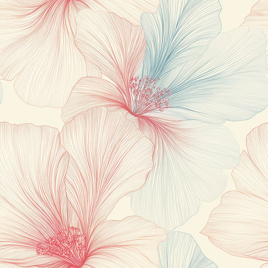 Florale Statement-Tapete mit Hibiskus in Rosé & Blau. Selbstklebend, elegant & großflächig – für moderne, stilvolle Räume. Jetzt entdecken!