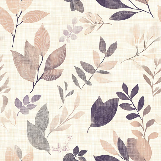 Dezente Blättertapete in Beige, Mauve & Lavendel auf heller Leinenstruktur. Selbstklebend & abziehbar – perfekt für stilvolle, ruhige Raumgestaltung. 