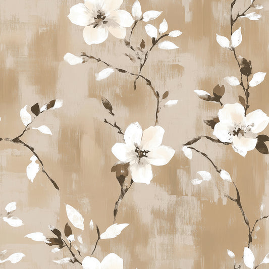 Florale Vintage-Tapete mit weißen Blüten auf karamellfarbenem Hintergrund. Selbstklebend & abziehbar – für stilvolle Räume mit Charakter.