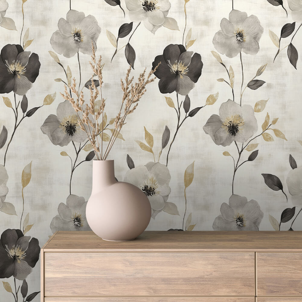 Elegante Blumentapete in Grau, Schwarz & Beige. Selbstklebend, abziehbar & modern – ideal für stilvolle Wohnräume. 