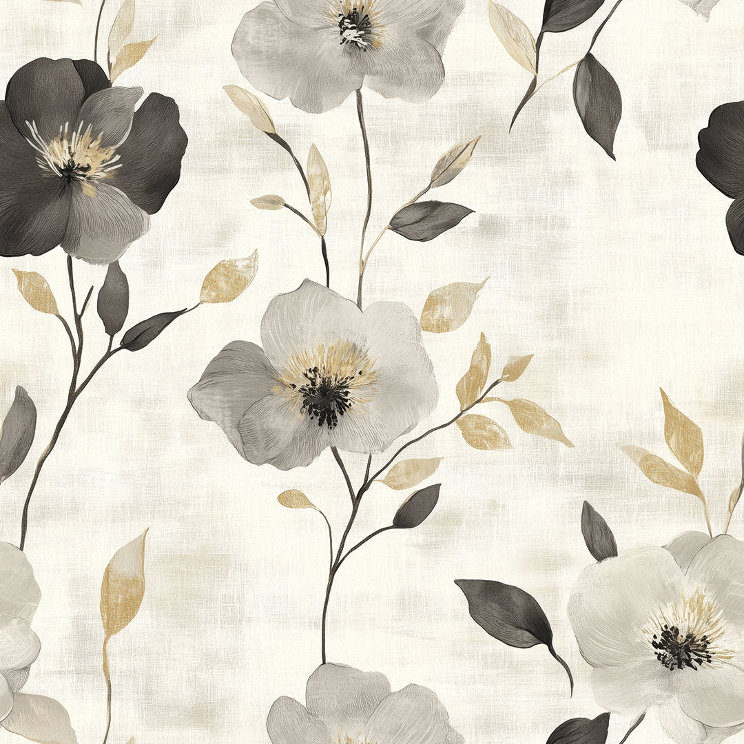 Elegante Blumentapete in Grau, Schwarz & Beige. Selbstklebend, abziehbar & modern – ideal für stilvolle Wohnräume. 