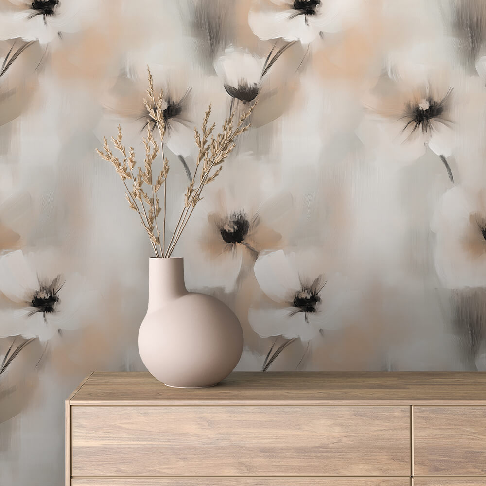 Moderne Blütentapete in Beige & Weiß: FLORAL 0079 vereint abstrakte Eleganz mit sanften Farben. Selbstklebend, abziehbar & einfach schön! 