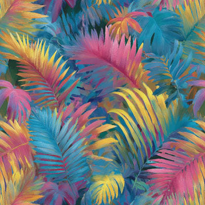 Dschungel Tapete Bunte Palmenblätter Detailansicht – Pink, Türkis, Gelb, selbstklebend