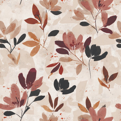 Blumentapete Beige Detailansicht – Blattzweige in Bordeaux, Rosé und Schwarz, selbstklebend