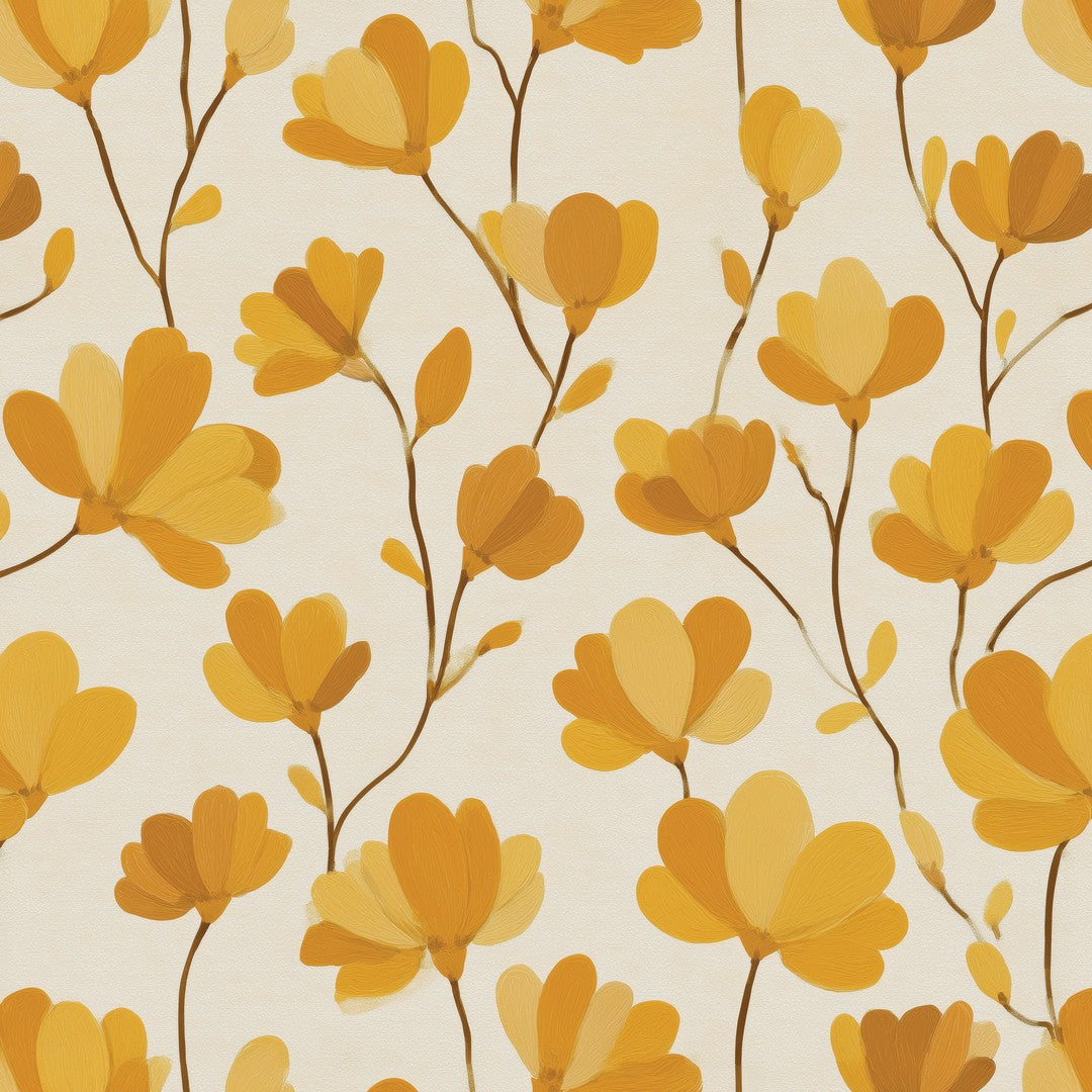 Tapete Gelb – Detailansicht der gelben und orangefarbenen Blüten auf Creme