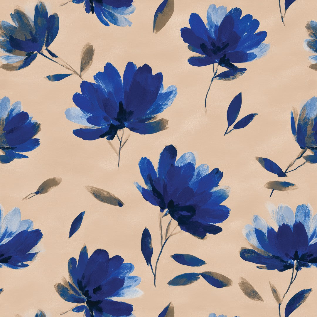 Blumentapete Blau – Detailansicht der kobaltblauen Blüten auf beigem Grund