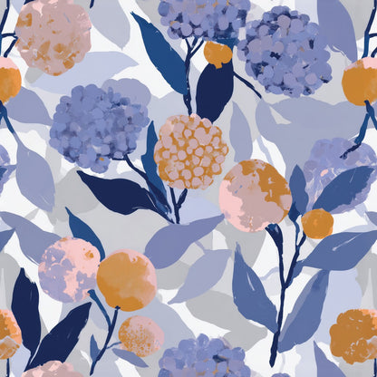 Blumentapete Blaue Hortensien mit Orangen – Detailansicht in Flieder, Blau und Orange